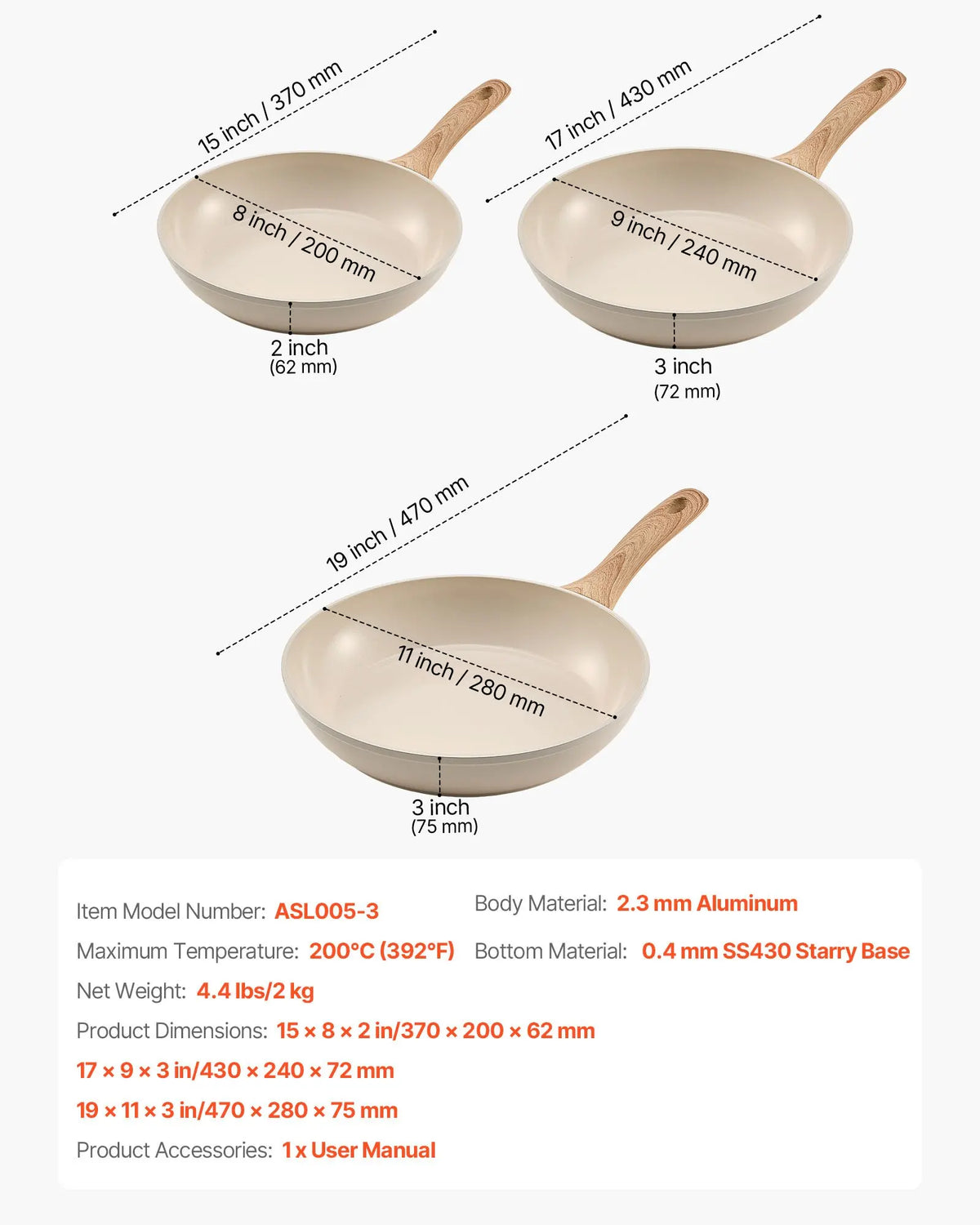 3 Piece Ceramic Non-Stick Frying Pan Set with Wood-Effect Handles – Aluminium Skillets 20cm, 24cm & 28cm – Perfect for Eggs, Searing & Everyday Frying