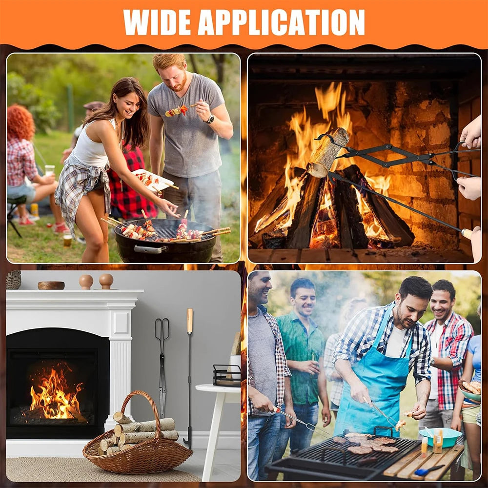 Firewood Tongs & Fire Poker Set with Wooden Handles – Rustproof Campfire & Fire Pit Set – Perfect for Fireplaces, Fire Pits & Campfires – Available as Tongs, Poker, Forks or Full Set