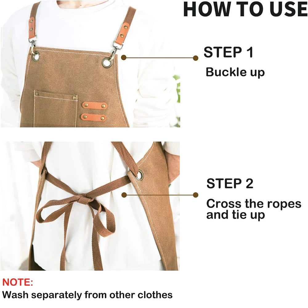 Canvas Chef Apron with Cross Back Straps – Cotton Kitchen Work Apron with Large Pockets – Best for Cooking, Baking & Grilling – Available in Dark Khaki, Blue, Black, White & Dark Grey Colours