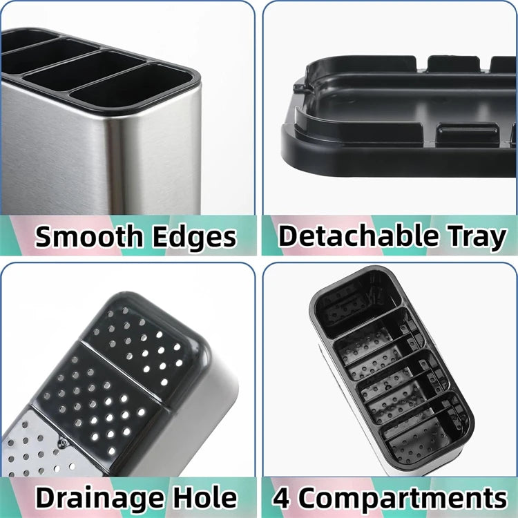 Stainless Steel Cutlery Caddy with 4 Compartments – Utensil Drying Rack & Flatware Holder – Great for Kitchen Worktops & Dining Tables