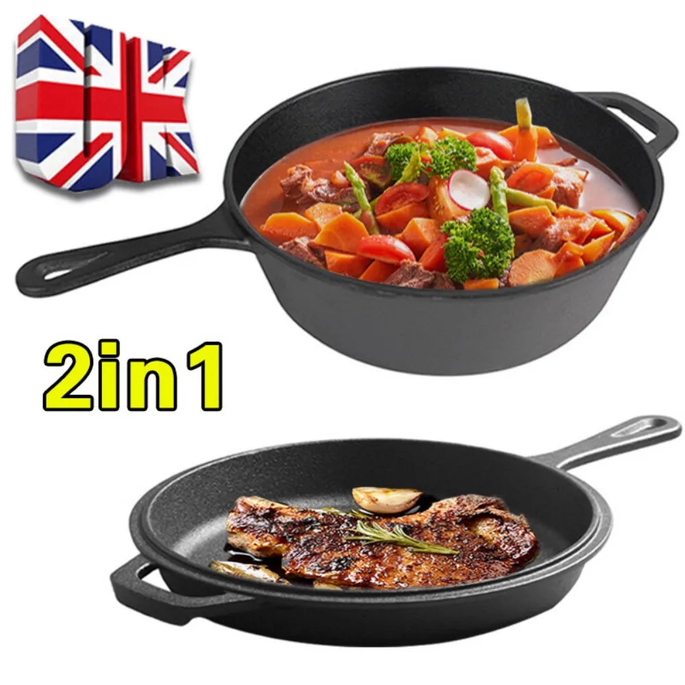 2-in-1 Cast Iron Skillet & Dutch Oven – Pre-Seasoned Double-Use Frying Pan & Deep Pot – Ideal for Stove to Oven Cooking
