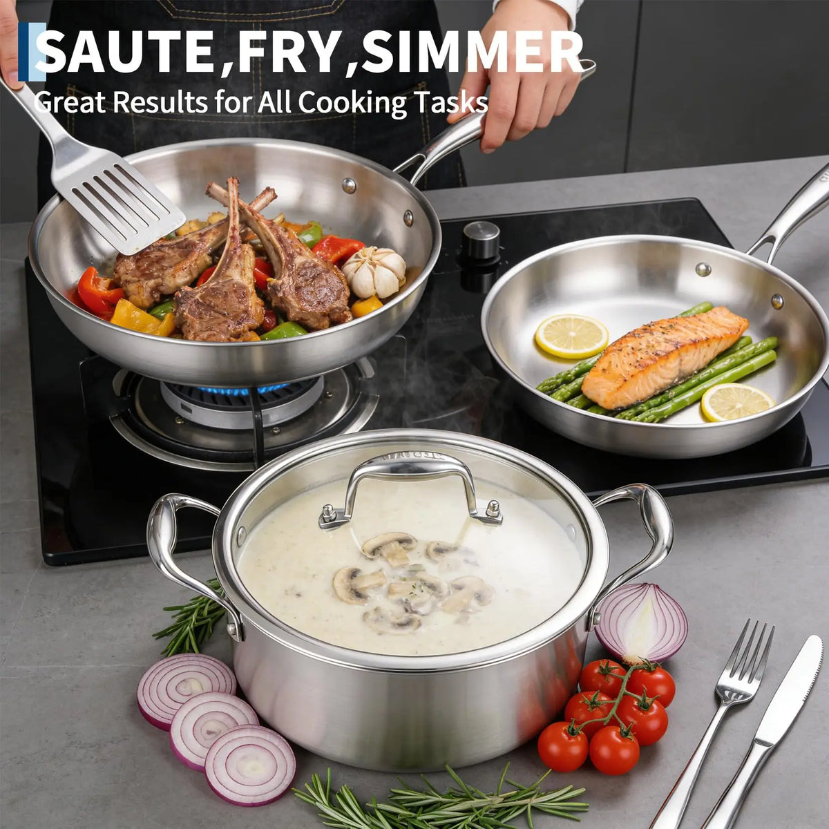 11 Piece Tri-Ply Stainless Steel Cookware Set with Steamer – Saucepans, Frying Pans & 6QT Stockpot with Glass Lids – Great for Induction, Oven & Dishwasher United Kingdom