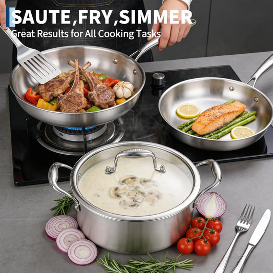 11 Piece Tri-Ply Stainless Steel Cookware Set with Steamer – Saucepans, Frying Pans & 6QT Stockpot with Glass Lids – Great for Induction, Oven & Dishwasher