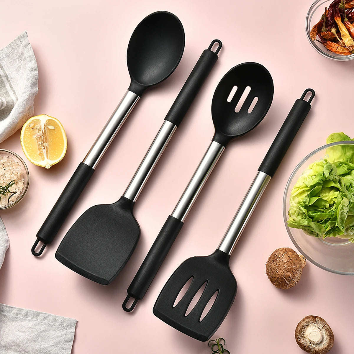 Silicone Kitchen Utensils Set with Stainless Steel Handles – Heat-Resistant & Safe for Non-Stick Cookware – Ideal for Daily Cooking – Available in Multiple Colours & Various Piece Set Options