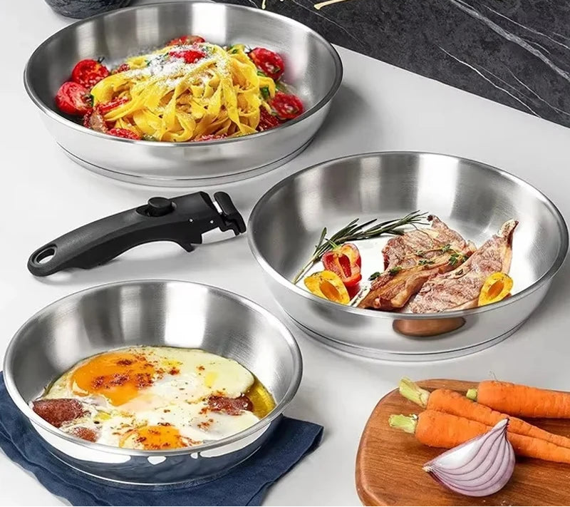 3 Piece 316 Stainless Steel Frying Pan Set with Removable Handle – Tri-Ply Base Stackable Pans – Best for Gas, Induction & Space-Saving Kitchens