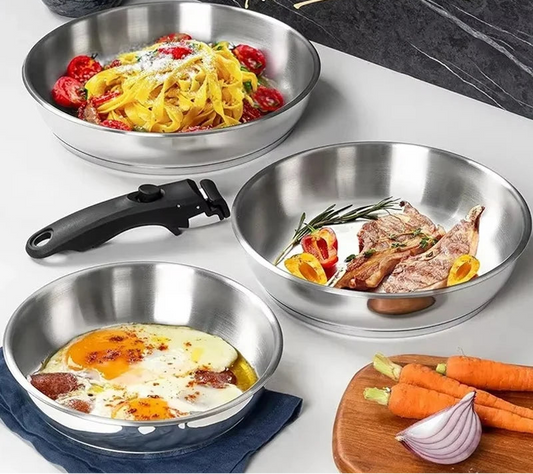 3 Piece 316 Stainless Steel Frying Pan Set with Removable Handle – Tri-Ply Base Stackable Pans – Best for Gas, Induction & Space-Saving Kitchens