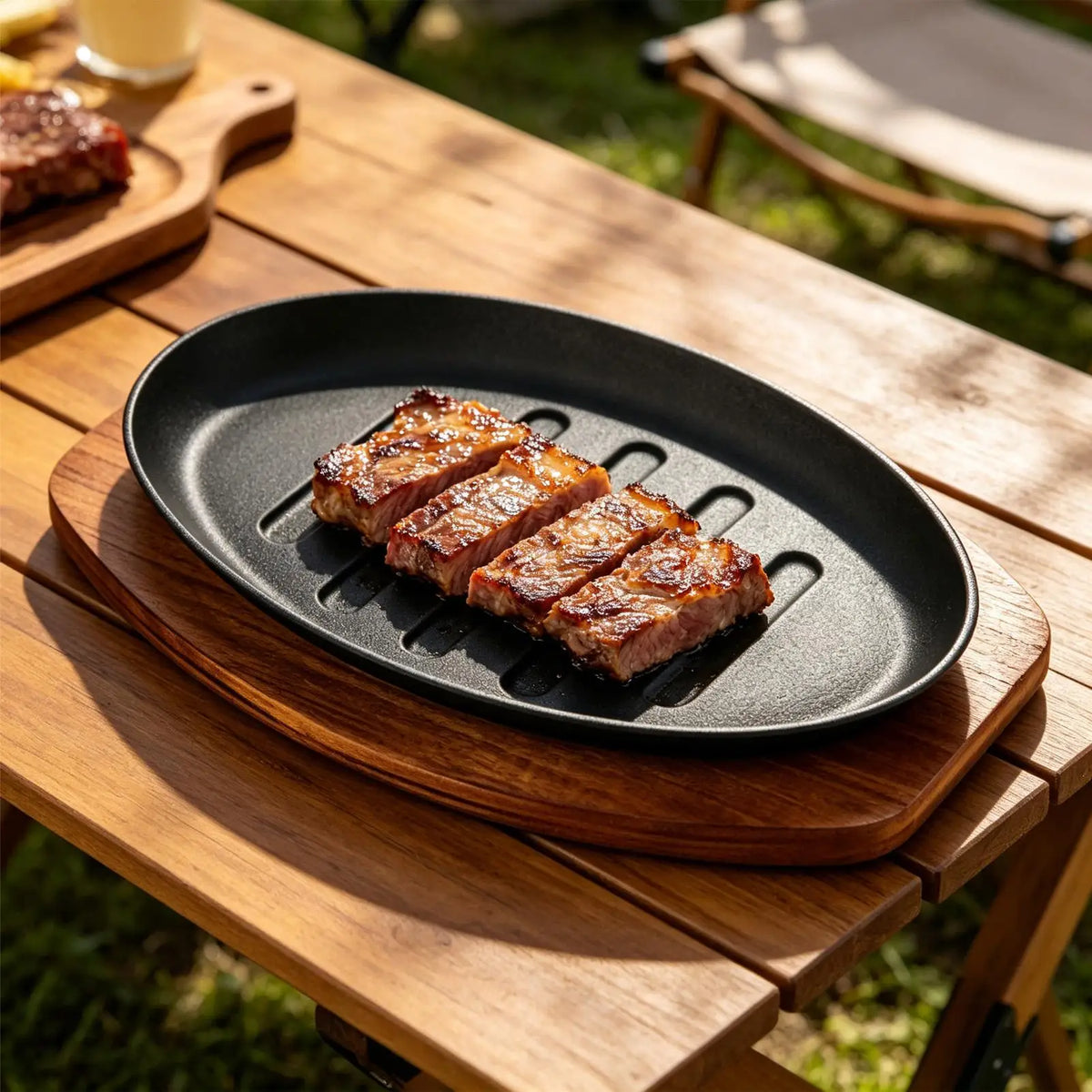 Cast Iron Sizzling Steak Plate with Wooden Base – Oval Sizzler Grill Plate & Serving Platter – Ideal for Steaks, Fajitas & Grilled Fish (10 Inch)