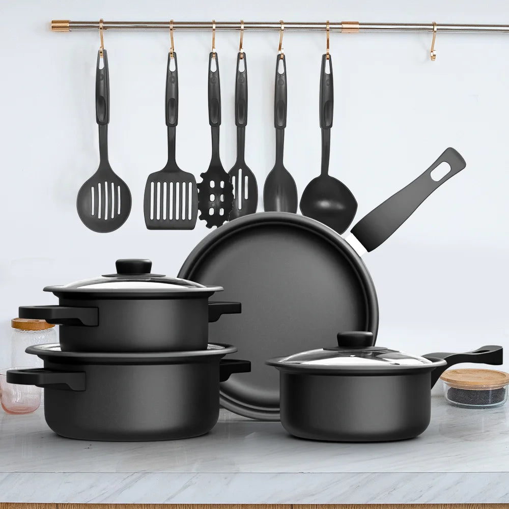 13 Piece Maifan Stone Non-Stick Cookware Set with Utensils – Skillet, Soup Pots & Saucepan with Glass Lids – Best for Gas & Induction Hobs