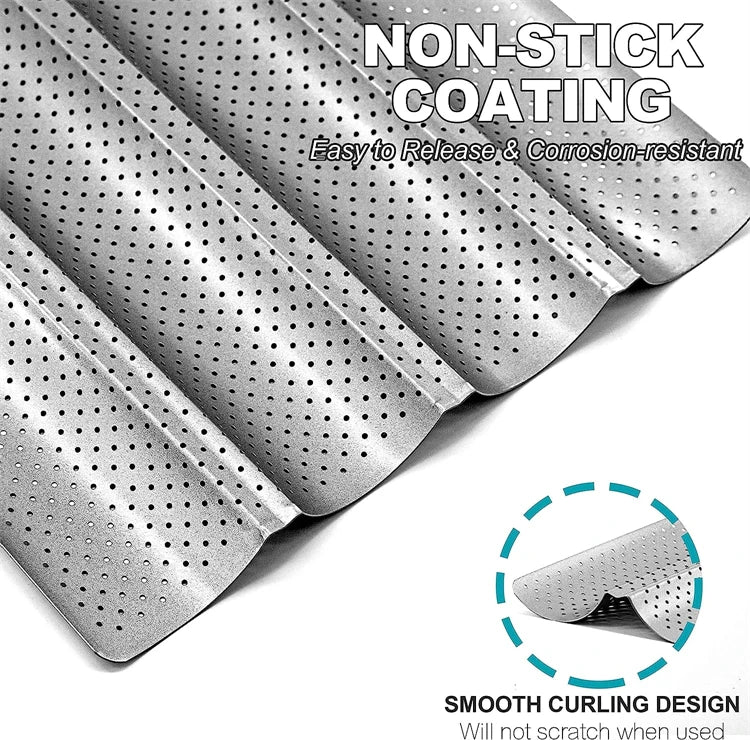 Non-Stick Perforated Carbon Steel Baguette Pan – French Bread Baking Tray – Perfect for Crusty Baguettes & Homemade Loaves – Available in 2 & 4 Loaves