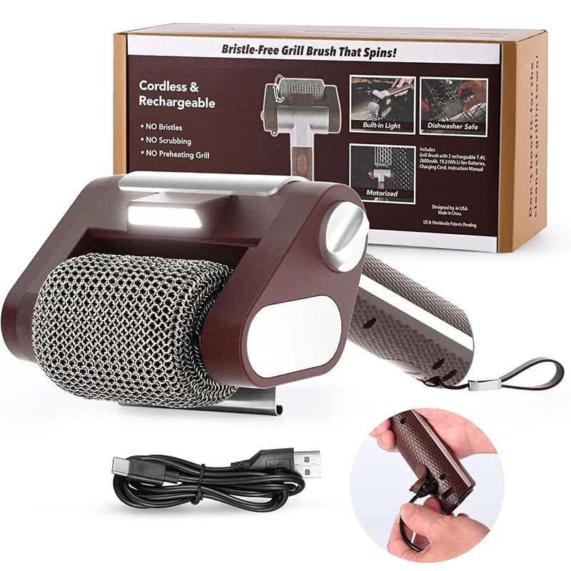 Bristle-Free Spinning Electric Grill Brush – Rechargeable BBQ Cleaner with 350 RPM Stainless Steel Roller – Great for Cleaning Grill Grates