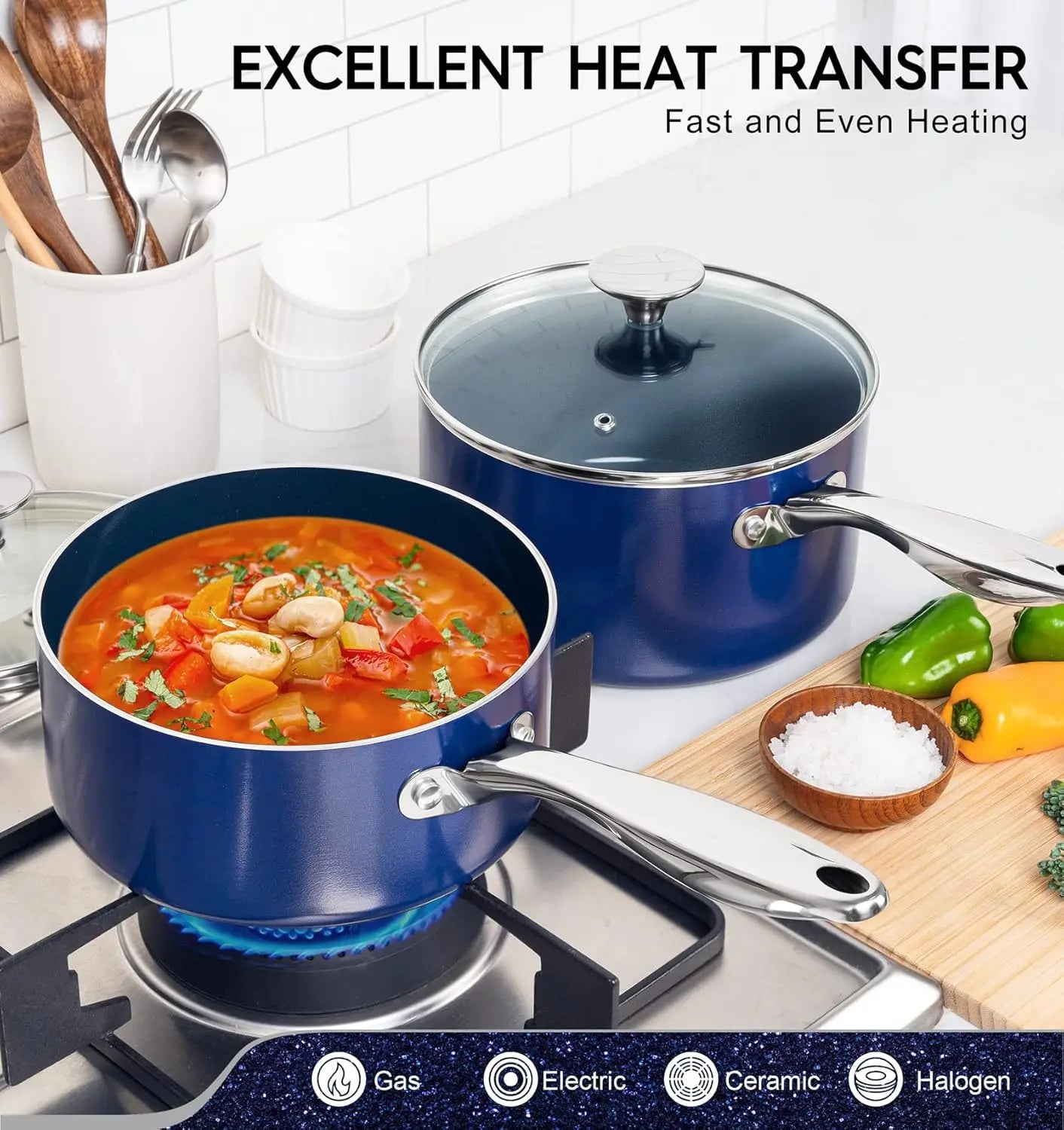 Ceramic Nonstick Saucepan with Glass Lid – Pressed Aluminium, 2-Layer Ceramic Coating, Induction Compatible, Ideal for Soups, Sauces, and Everyday Cooking
