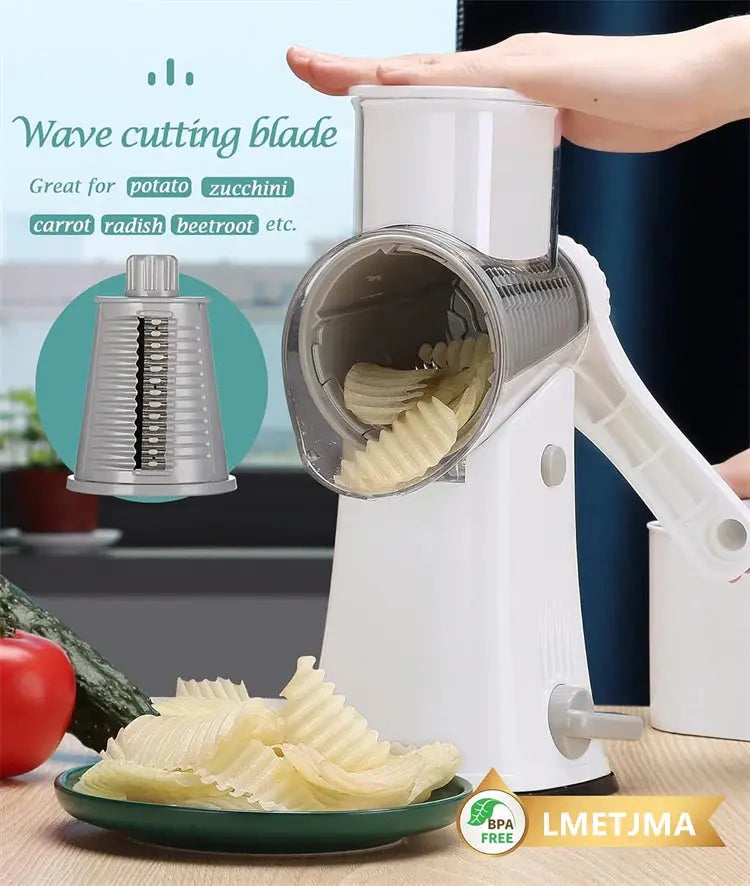 5-in-1 Rotary Cheese and Vegetable Grater with Handle and Suction Base – Multifunctional Interchangeable Rotating Drum Blades for Slicing, Shredding, and Grinding.(Available in Green, White, and Black Colours)