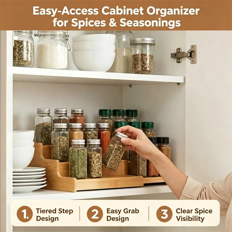 3 Tier Expandable Bamboo Spice Rack – Cabinet Spice Shelf & Seasoning Organiser Stand – Perfect for Kitchen Cupboards & Worktops
