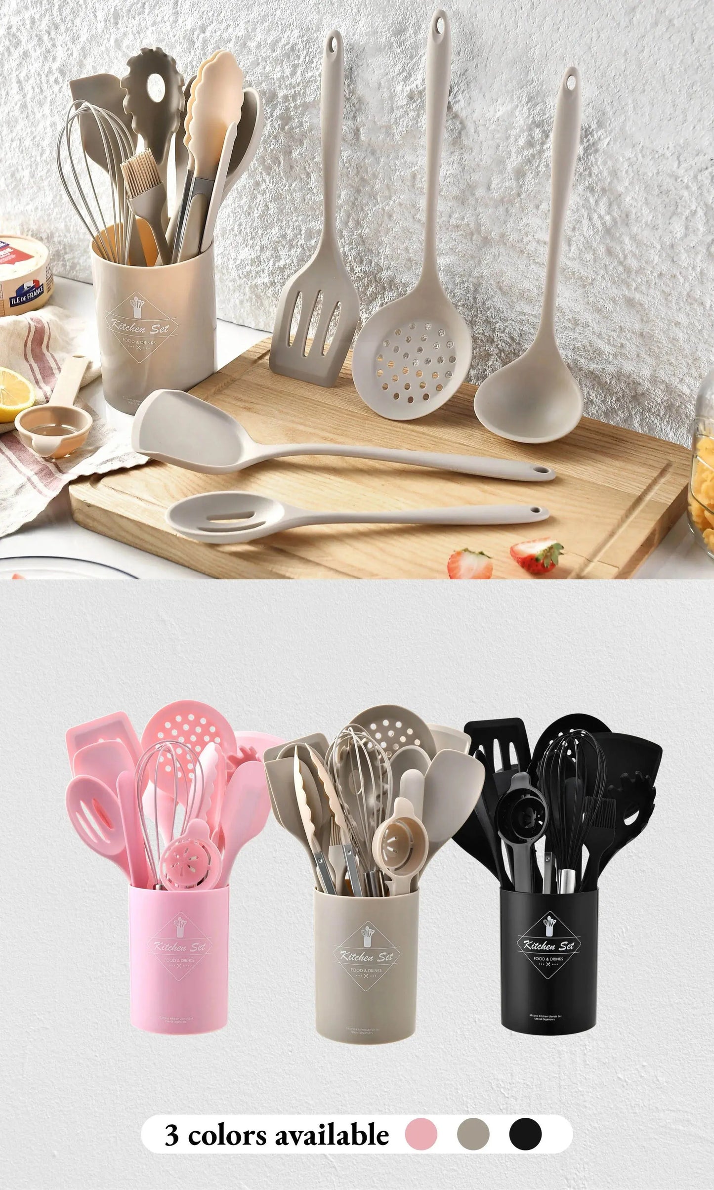15-Piece Silicone Cooking Utensils Set – Non-Stick, Heat-Resistant Spatulas, Spoons, Turners, Whisk & Brush – Ideal for Daily Cooking – Available in Black, Pink & Khaki C for Chef