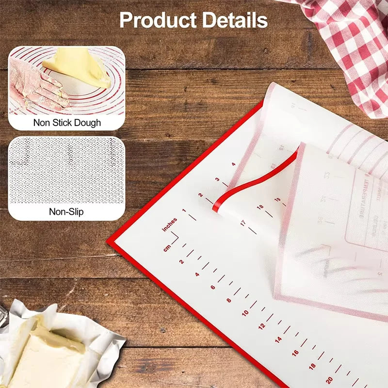 Thick Silicone Baking Mat with Measurements & Raised Edges – Reusable Non-Stick Pastry & Dough Rolling Mat – Great for Kneading, Rolling & Baking – Available in Red & Black Colours