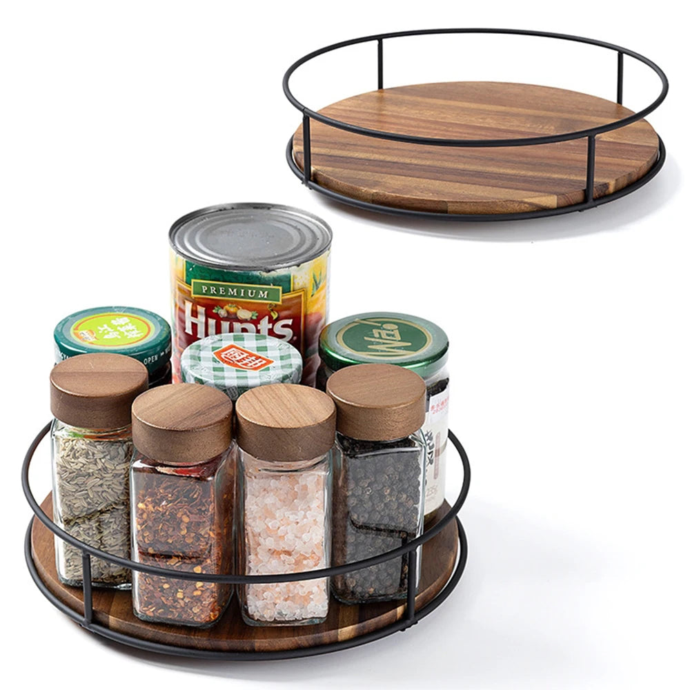 Acacia Wood Lazy Susan Turntable with Metal Frame – Rotating Countertop Organiser & Serving Tray – Great for Spices, Condiments & Serving – Available in 15cm, 16.7cm, 22cm & 29cm