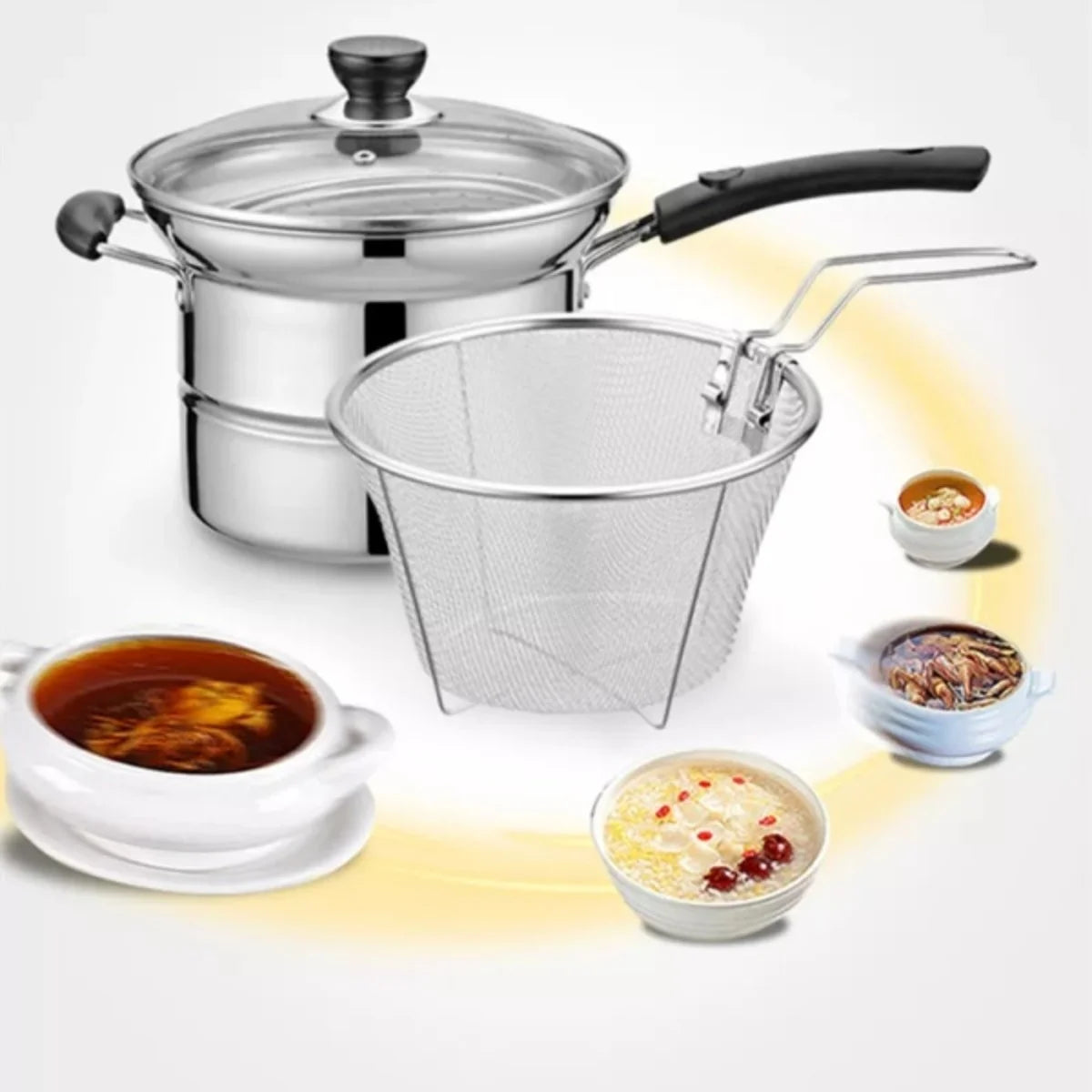4 Piece Non-Stick Chip Pan with Frying Basket, Lid & Steamer Rack – Deep Fat Fryer Pot for Chips & Noodles – Ideal for Hob, Oven & Campfire