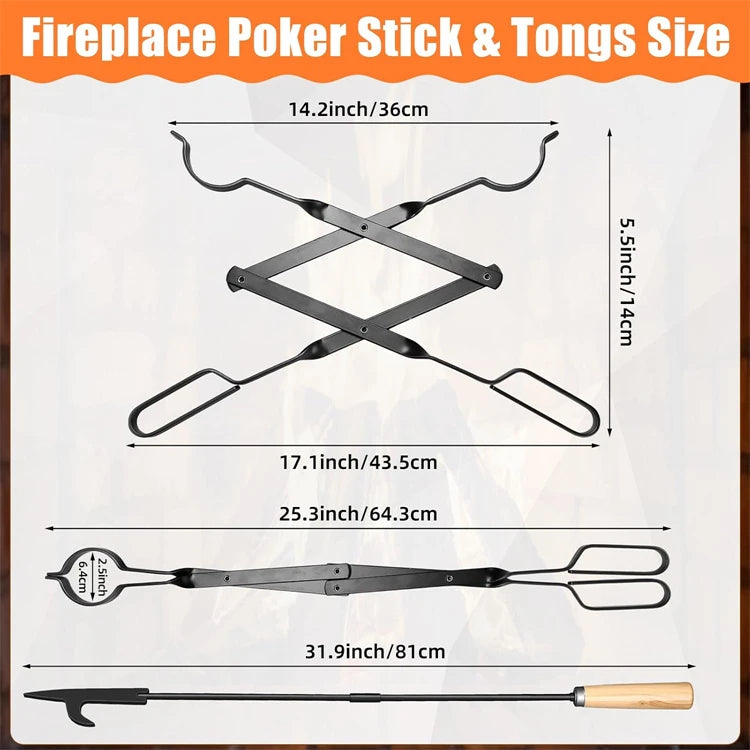 Firewood Tongs & Fire Poker Set with Wooden Handles – Rustproof Campfire & Fire Pit Set – Perfect for Fireplaces, Fire Pits & Campfires – Available as Tongs, Poker, Forks or Full Set
