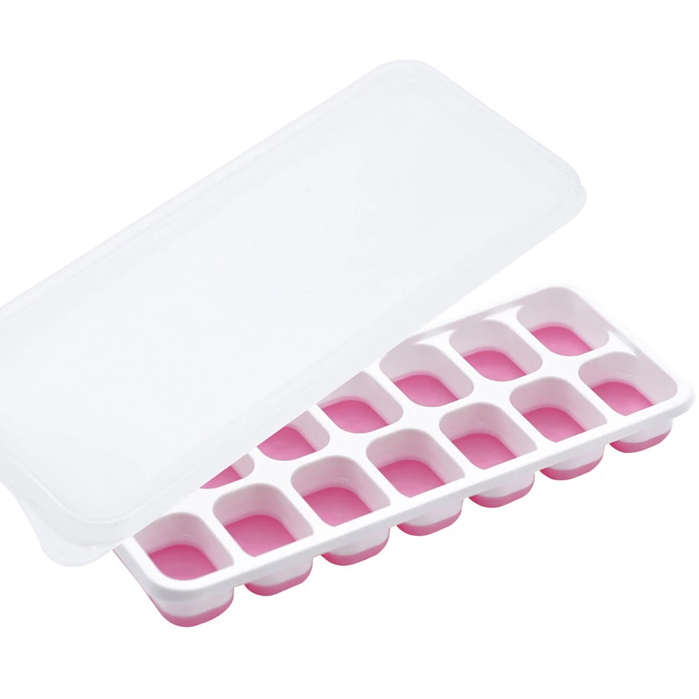 Easy-Release Ice Cube Tray with Lid – 14 Cube Stackable Ice Mould – Best for Chilling Water, Juice & Iced Coffee – Available in Pink, Green, Yellow & Blue Colours