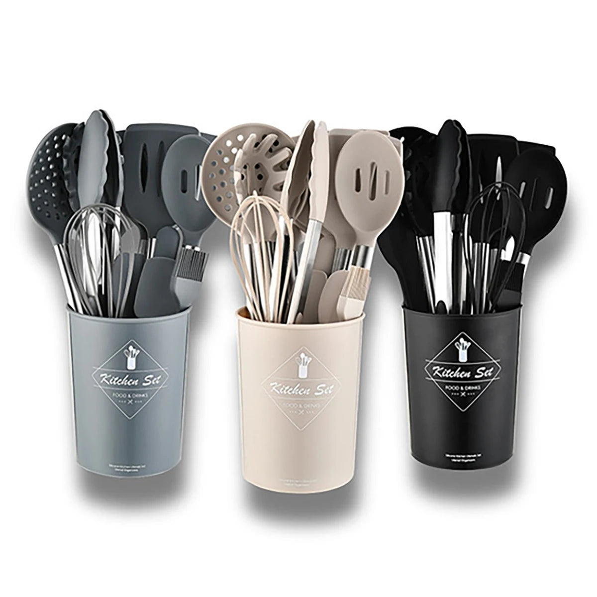 15-Piece Silicone Kitchen Utensils Set – Heat-Resistant Spatulas, Spoons, Turners, Brush, and Whisk, Perfect for Non-Stick Cookware,Available in Black, Grey & Khaki