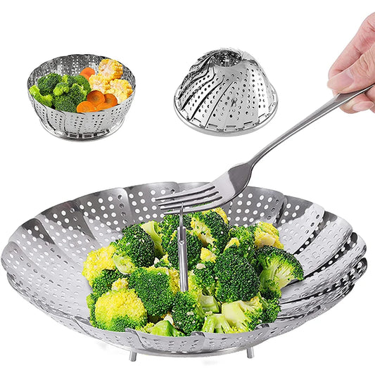 Collapsible Stainless Steel Steamer Basket – Expandable Vegetable Steam Cooking Insert – Best for Steaming Vegetables, Fish & Dumplings – Available in Small, Medium & Large