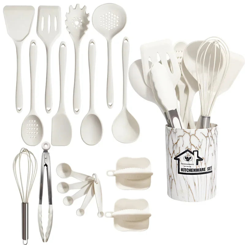 10/18-Piece Silicone Kitchen Utensils Set – Heat-Resistant Spatulas, Spoons, Turners, Brush, Whisk, and More Safe for Non-Stick Cookware & Daily Cooking – Available in Black & White