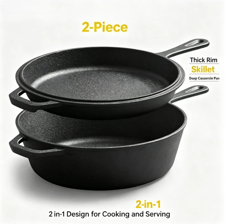 Cast Iron Casserole Dish with Skillet Lid – Pre-Seasoned Round Dutch Oven for Stews – Ideal for Slow Cooking, Baking & Camping (26cm) United Kingdom