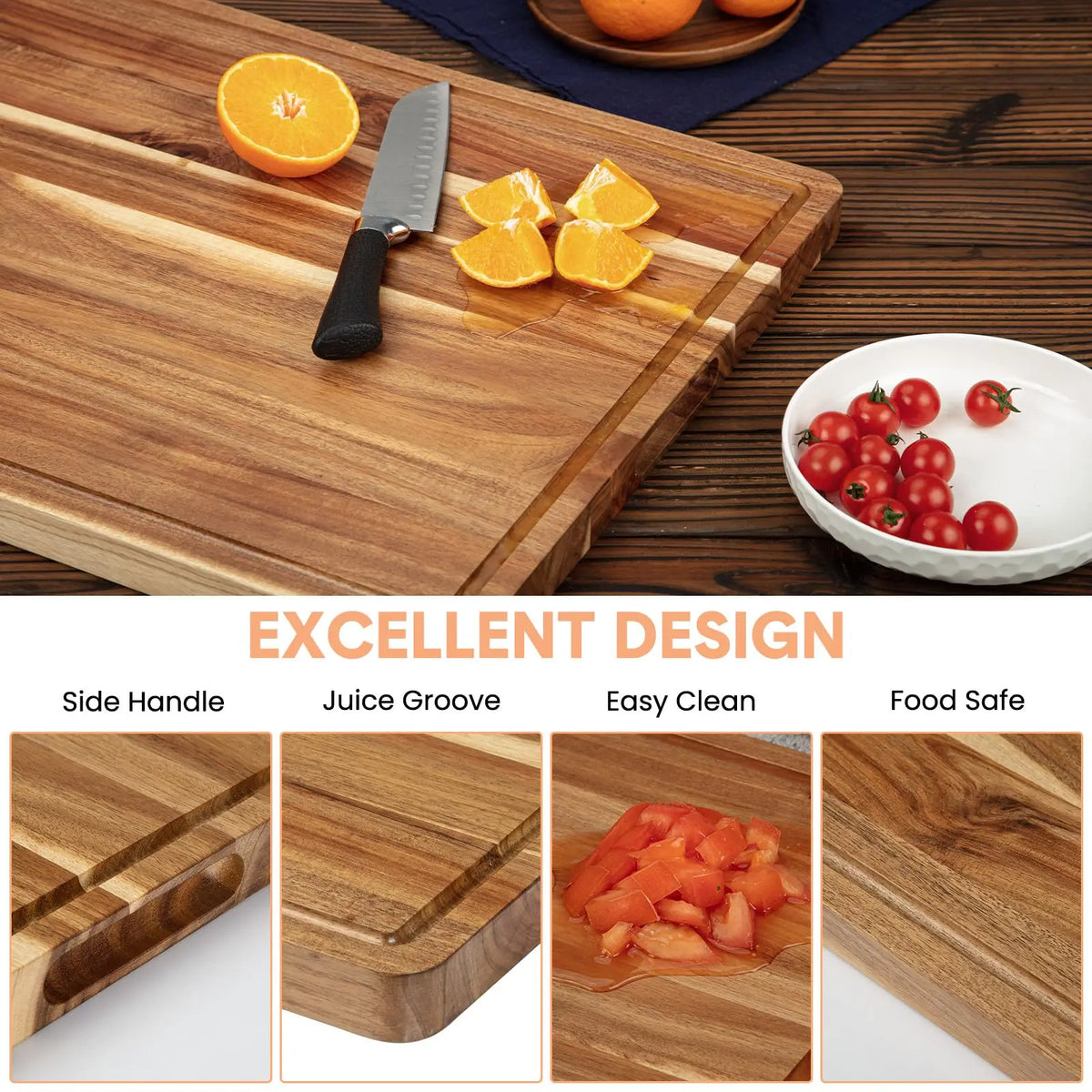 Acacia Wood Butcher Block Chopping Board – Extra Thick Reversible Board with Deep Juice Groove & Built-In Handles – Ideal for Meat & Veg Prep – Available in 50.8 x 38cm & 61 x 45.7cm