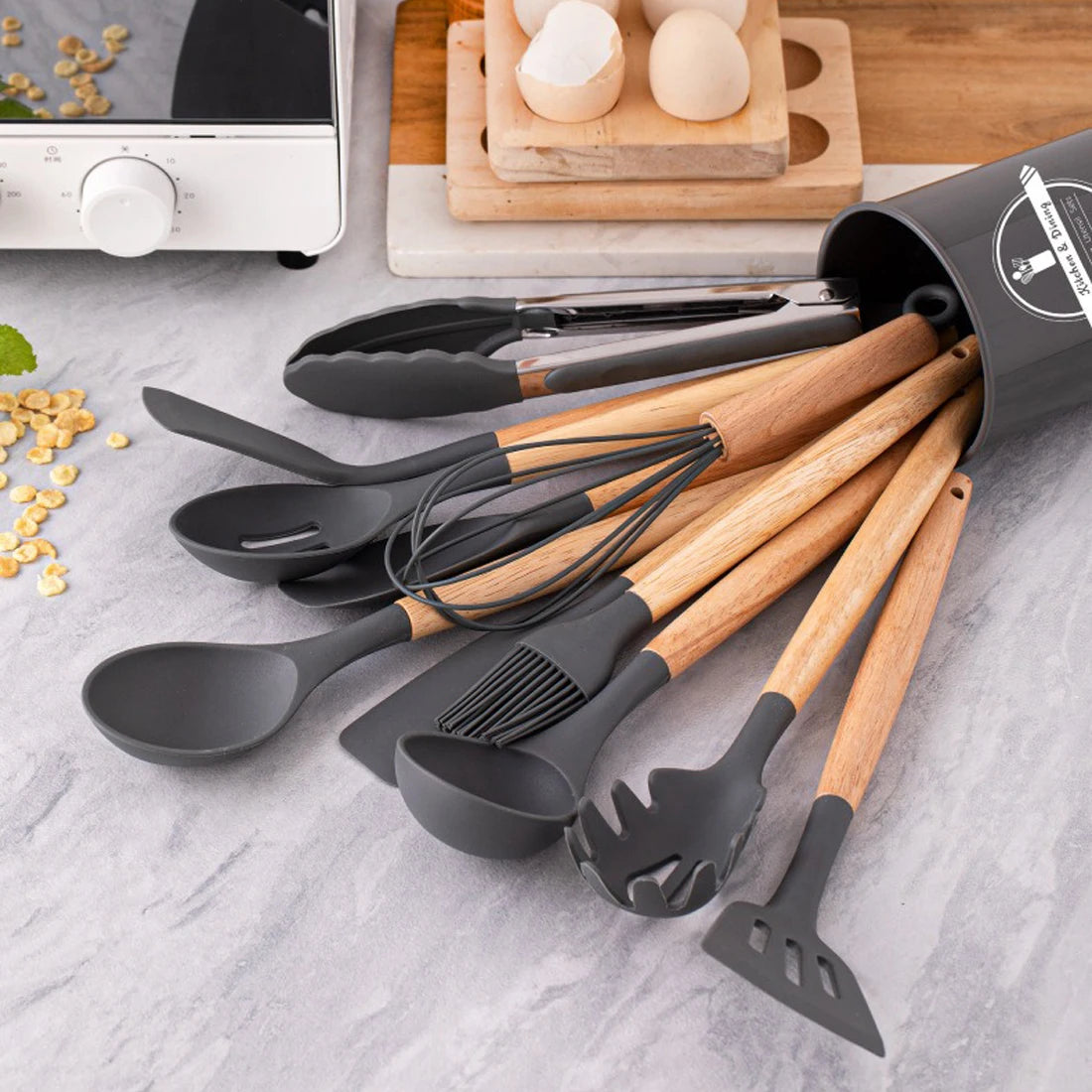 12 Piece Silicone Kitchen Utensil Set with Wooden Handles & Storage Pot – Heat Resistant BPA-Free Cooking Tools – Best for Non-Stick Cookware & Baking – Available in Black, White, Pink, Khaki & Light Green Colours