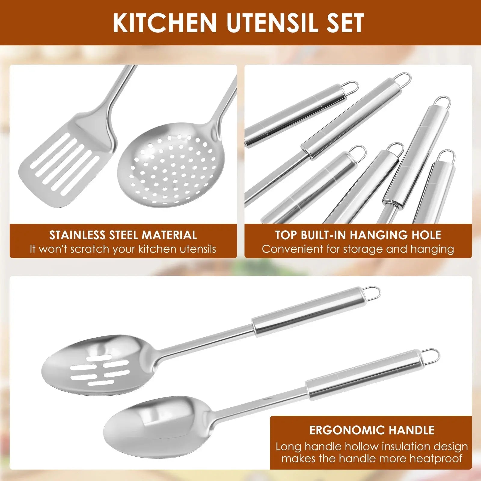 6-Piece Stainless Steel Cooking Utensils Set, Heat Resistant and Versatile C for Chef