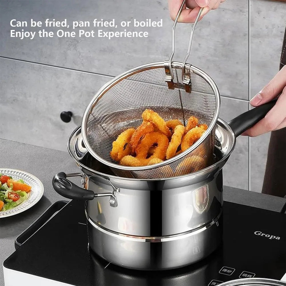 Stainless Steel Chip Pan with Frying Basket & Glass Lid – Deep Fat Fryer & Soup Pot with Encapsulated Base – Ideal for Chips, Noodles & Soups