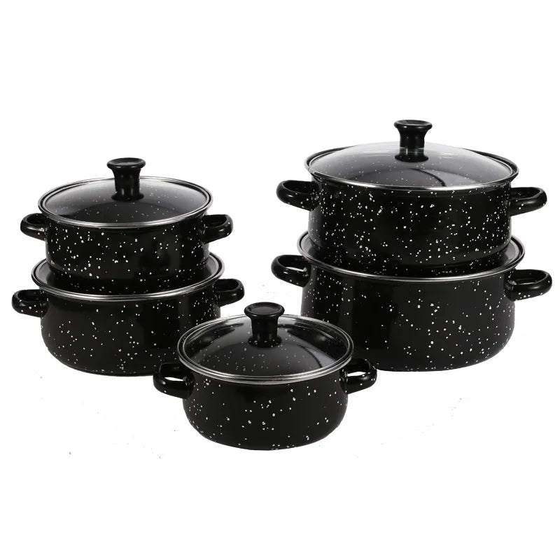 5 Piece Enamel Pot Set – Soup Pot, Cooking Pot, Stew Pot & Frying Pan – Perfect for Home Kitchens, Restaurants & Outdoor Cooking