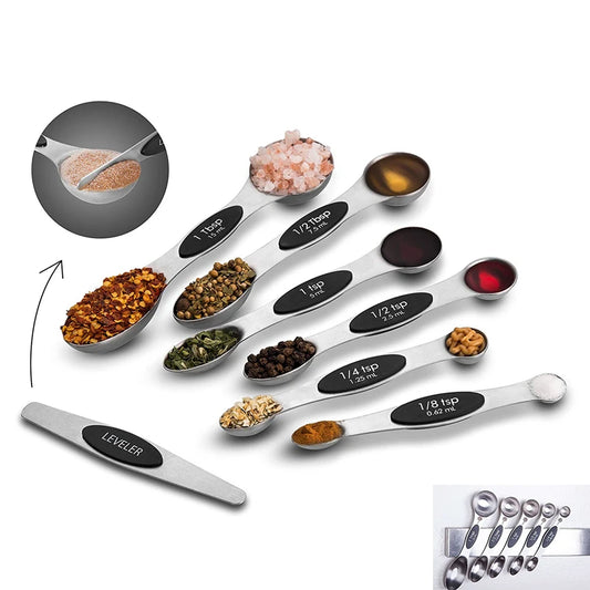 7 Piece Magnetic Stainless Steel Measuring Spoon Set with Leveller – Double-Sided Measuring Spoons – Best for Cooking & Baking – Available in Red & Black Colours