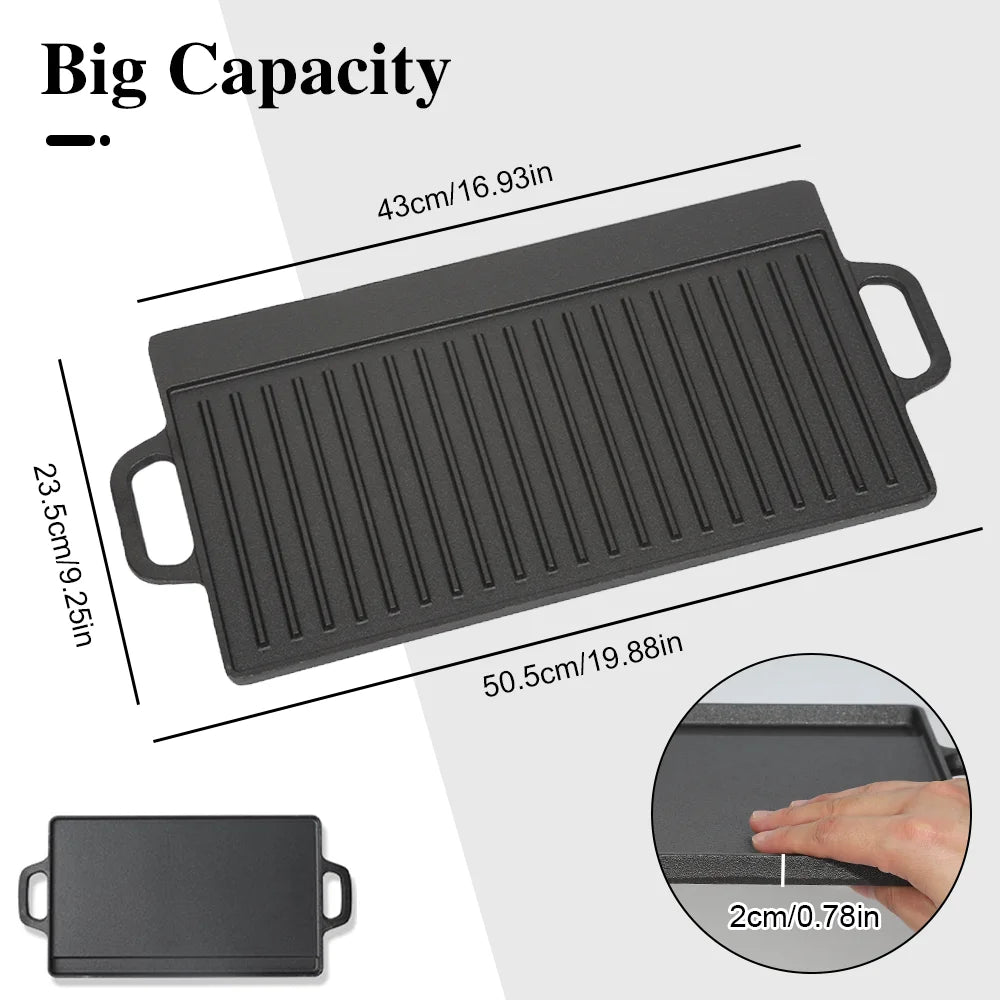Double-Sided Cast Iron Griddle & Grill Plate – Reversible Ridged & Flat BBQ Plate with Handles – Perfect for Steaks, Pancakes & Camping (50.5 x 23.5cm)