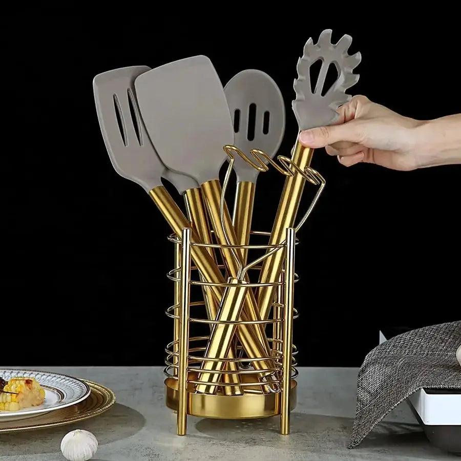 Golden Stainless Steel & Silicone Kitchen Utensils Set – Heat-Resistant, Non-Stick Safe Spatulas, Spoons, Turners, Whisk, Brush & More with Matching Golden Utensil Holder – Perfect for Modern Kitchens