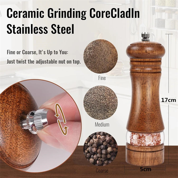 Classic Oak Wood Salt & Pepper Mill Set – Adjustable Manual Pepper Grinder & Salt Grinder with Ceramic Core – Best for the Kitchen & Dining Table