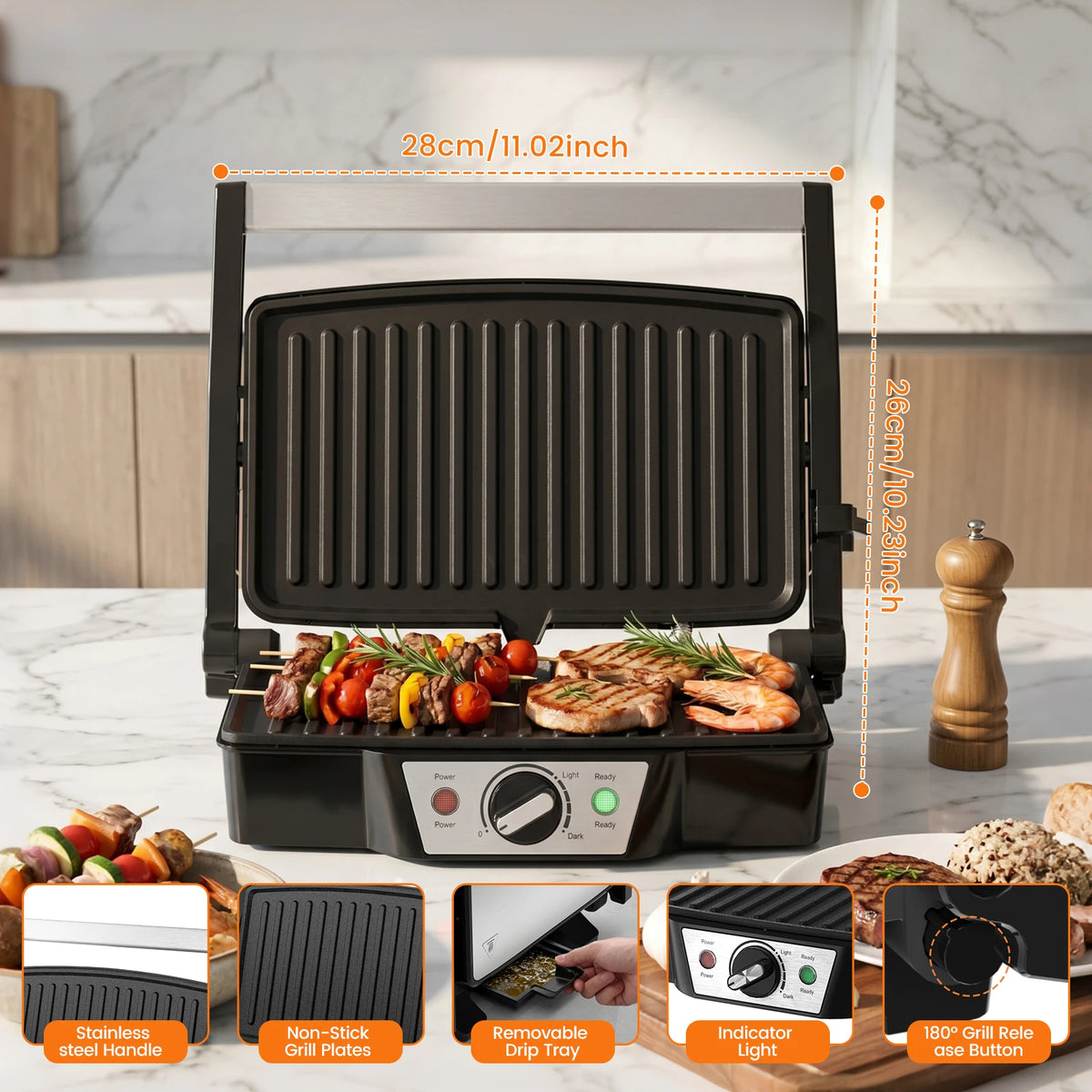 Panini Press & Electric Sandwich Maker – 1500W Grill with 180° Flat Open Non-Stick Plates & Adjustable Temperature – Best for Toasties, Paninis & Burgers