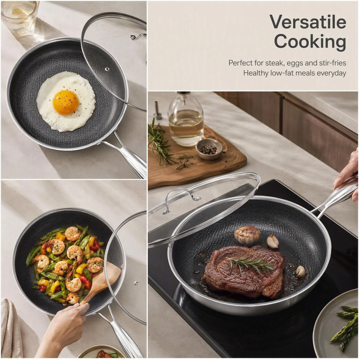 Honeycomb Stainless Steel Non-Stick Frying Pan with Lid – 3-Ply Scratch-Resistant Induction Skillet with Hanging Handle – Ideal for Low-Oil Cooking (28cm)