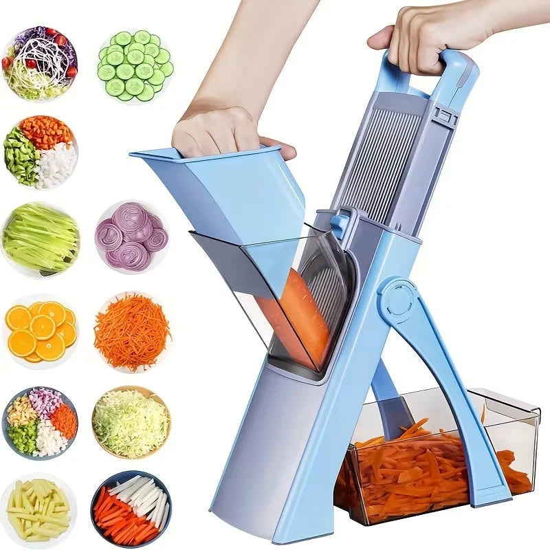 Adjustable Safety Vegetable Slicer with 4 Cutting Modes – Hands-Free Blade Mandoline, Dicer & Julienne Maker – Great for Quick Family Meal Prep – Available in Blue & Blue Colours