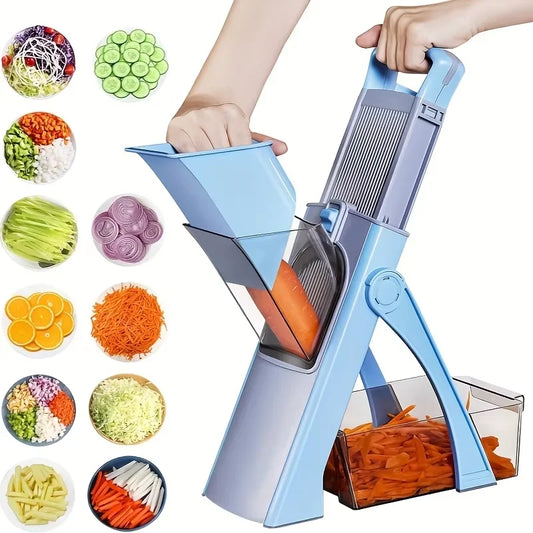 Adjustable Safety Vegetable Slicer with 4 Cutting Modes – Hands-Free Blade Mandoline, Dicer & Julienne Maker – Great for Quick Family Meal Prep – Available in Blue & Blue Colours