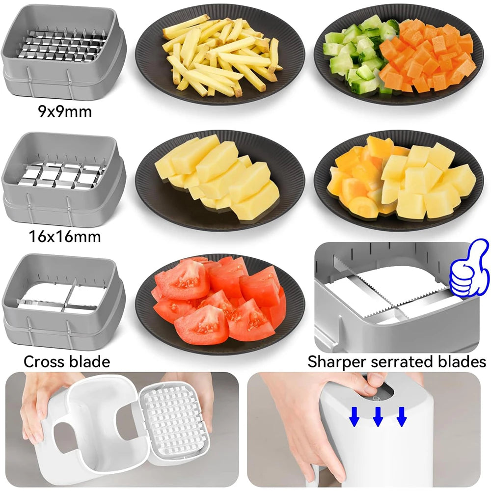 French Fry Cutter & Potato Slicer with Container – Manual Vegetable Chopper with 3 Stainless Steel Blades – Ideal for Chips, Apples & Onions