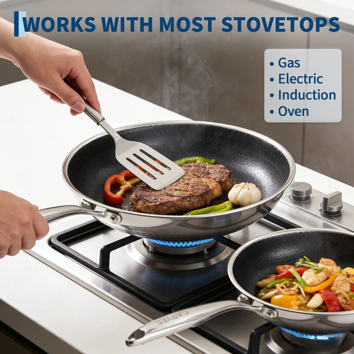Honeycomb Tri-Ply Stainless Steel Non-Stick Frying Pan Set with Lids – 6 Piece Stackable Skillets 20cm, 25cm & 30cm – Great for Induction, Oven & Everyday Frying