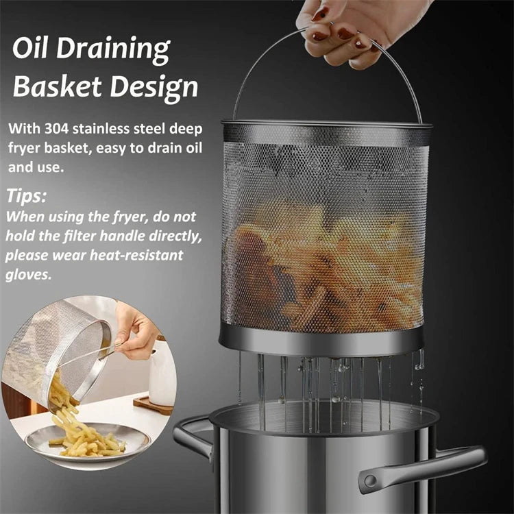 3L Stainless Steel Deep Fryer Pot with Lid & Mesh Basket – Japanese Tempura Frying Pot – Ideal for Chips, Chicken & Tempura – Available With or Without Tongs