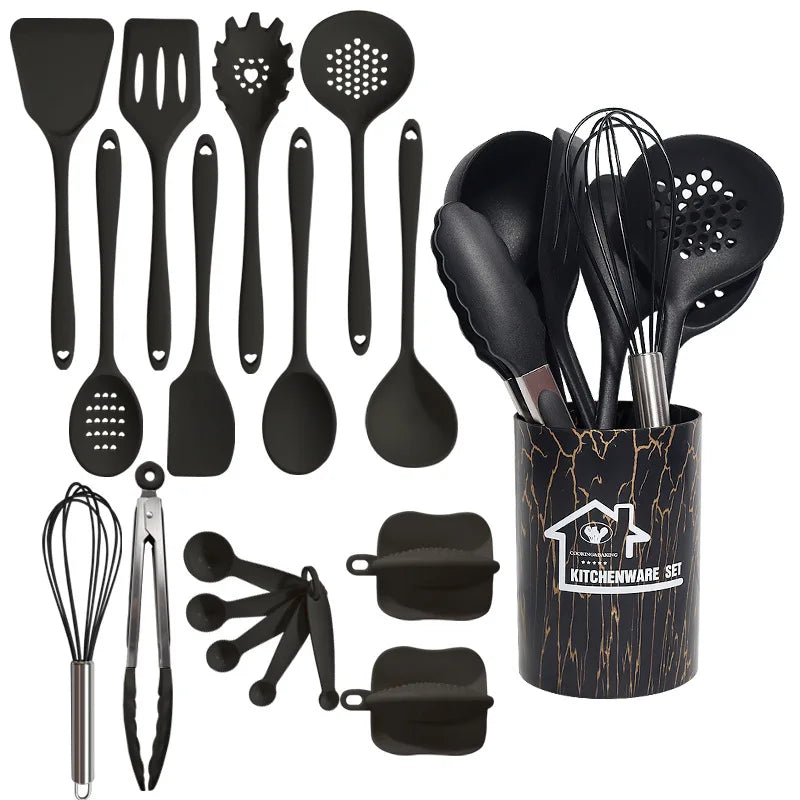 18-Piece Silicone Kitchen Utensils Set – Heat-Resistant Spatulas, Spoons, Turners, Brush, Whisk & More – Safe for Non-Stick Cookware & Daily Cooking – Available in Black, White & Pink