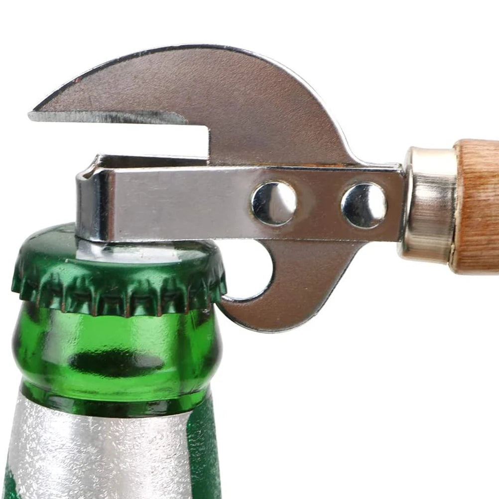 Stainless Steel Can & Bottle Opener with Wooden Handle – Multi-Function Manual Lid Remover – Ideal for Tins, Jars & Bottles