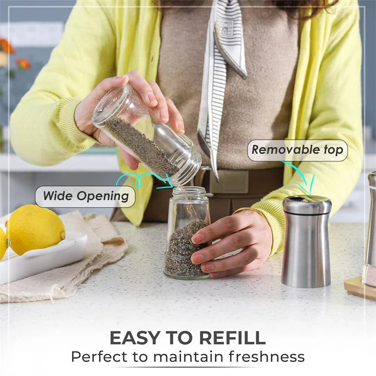 Glass Salt Shaker with Stainless Steel Lid – Spice Dispenser with Adjustable Pour Holes – Perfect for Salt, Pepper & Seasonings – Available in 1 & 2 Pieces