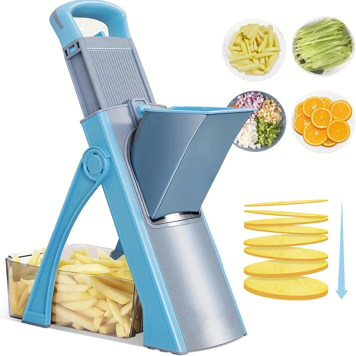 Spring-Loaded Vegetable Chopper & Slicer – Finger-Safe Adjustable Mandoline with Dice & Julienne Modes – Perfect for Potatoes, Lemons & Carrots