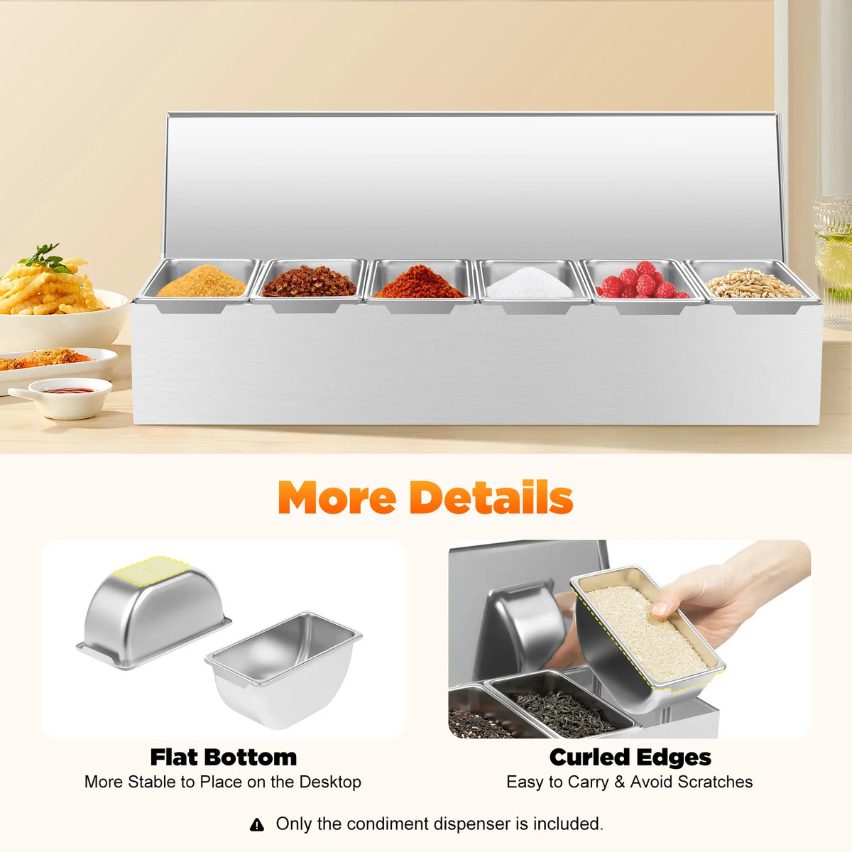 6 Compartment Stainless Steel Seasoning Box with Flip Lid – Sealed Condiment & Spice Container with Removable Trays – Perfect for Kitchens & Restaurants