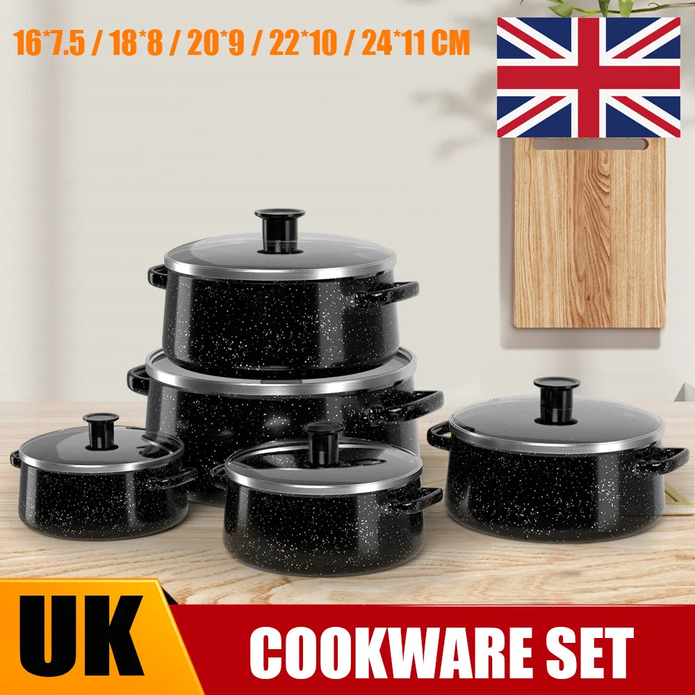 5 Piece Enamel Casserole Pot Set with Glass Lids – Stock Pots & Saucepans in 5 Sizes – Ideal for Stews, Soups & All Hobs