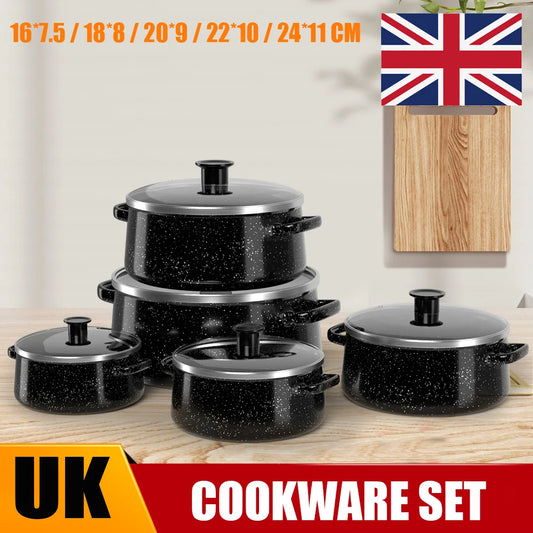 5 Piece Enamel Casserole Pot Set with Glass Lids – Stock Pots & Saucepans in 5 Sizes – Ideal for Stews, Soups & All Hobs